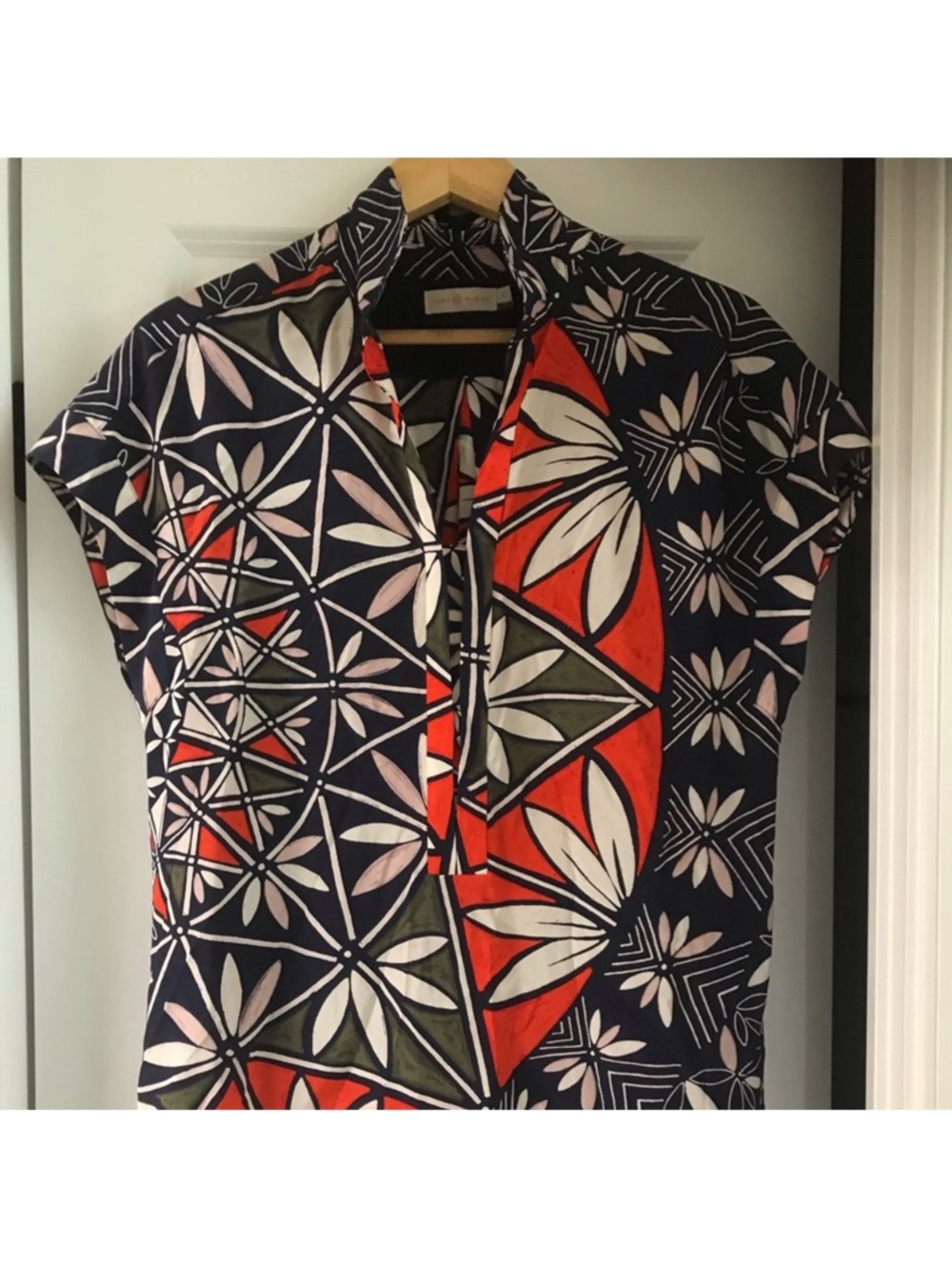 Tory Burch Navy Tunic with Red, White and Olive Floral-Geometric Print